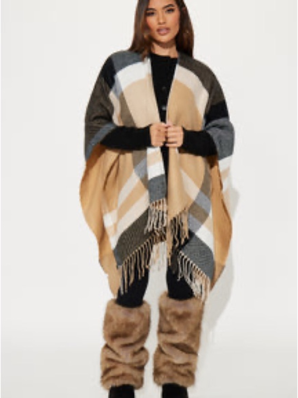 Fashion Nova Beige Plaid Fringe Poncho Cape